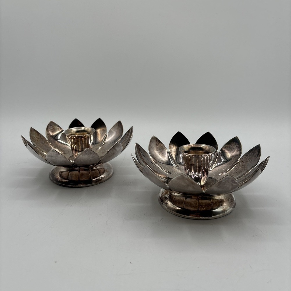 Set Of 2 Vintage Candle Holders- Silver Plate-Reed‎ & Barton 3001 Lotus Flower